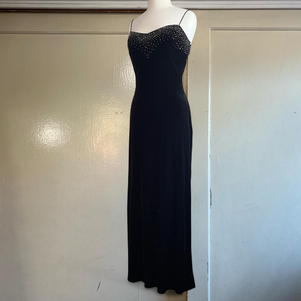Dave & Johnny Black Velvet Beaded Maxi Dress with Silver Beads - Picture 2 of 8